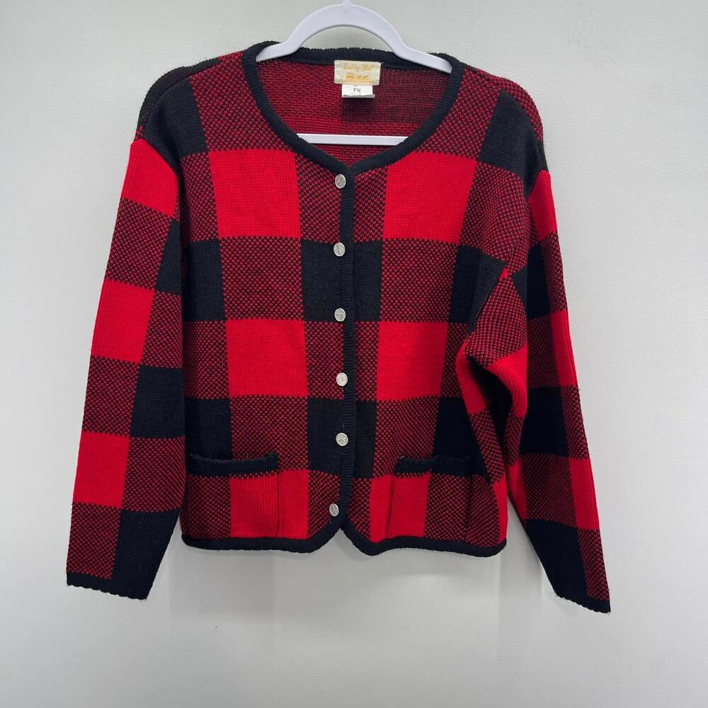 Vintage Tally-Ho Red Black Plaid Knitted Cardigan Sweater Carriage Horse Button‎
